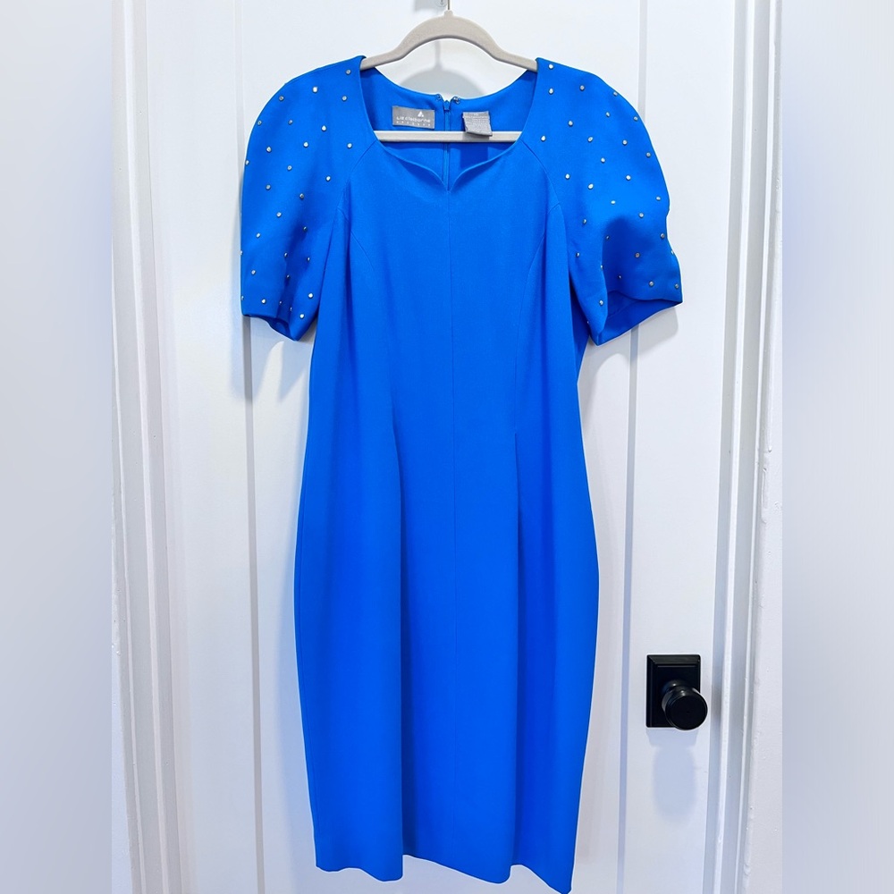 EUC Gorgeous Blue Liz Claiborne Dress with Gold Rivets on Sleeves size 10